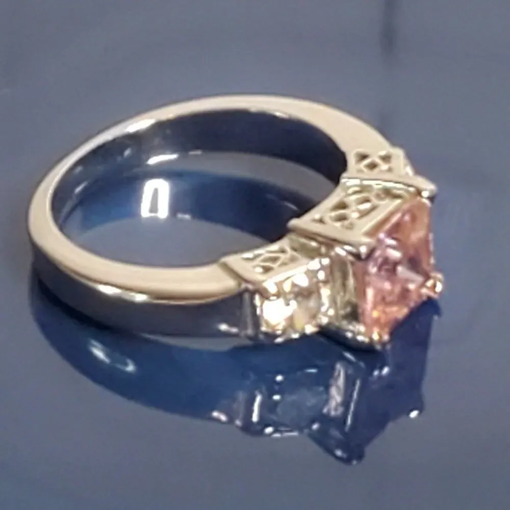 Faux White Gold Pink Crystal Princess Cut Cocktail Ring 6.5
